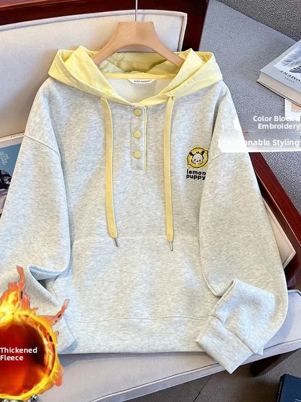 Chic Fleece Lined Hoodie Sweatshirt for Women Thickened Autumn Winter New Style High School Students Fashionable Outerwear