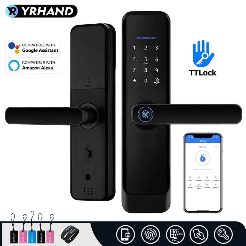 YRHAND Serratura per porta con impronta digitale nera opaca TTLock Codice app Chiave per scheda Serratura per porta intelligente Serratura elettronica digitale di sicurezza per la casa