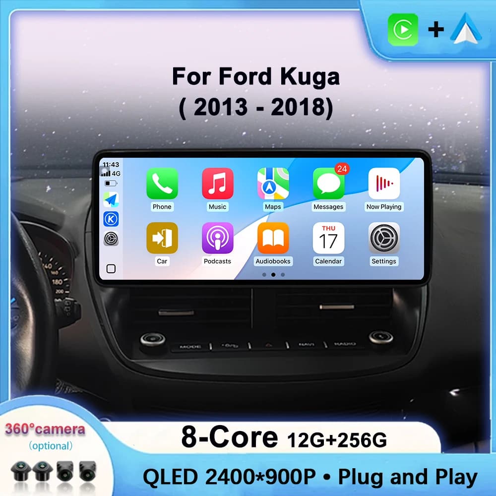 Android 15 For Ford Kuga 2013-2018 12.3 Inch Wireless Carplay QLED 2400*900P Touch Screen Car Radio Multimedia Player WIFI 4G BT