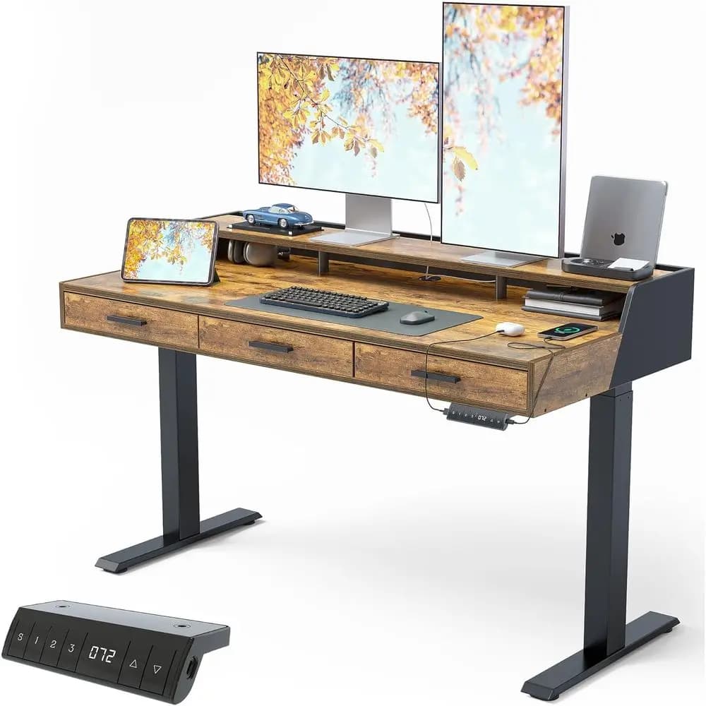 Standing Desk 55x26 Inches with 3 Wood Ders and Monitor Shel, Ergonomic Home Oice Desks, Height Adjustable Computer Desk, Sit St