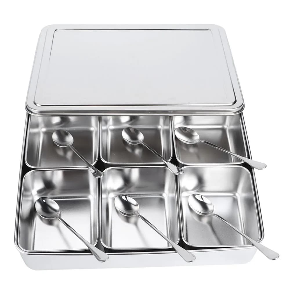 6 Grid Compartments Masala Dabba Spice Container Stainless Steel With Lid And Holder Tray Spice Jar Organizer Set 600ml Per Grid