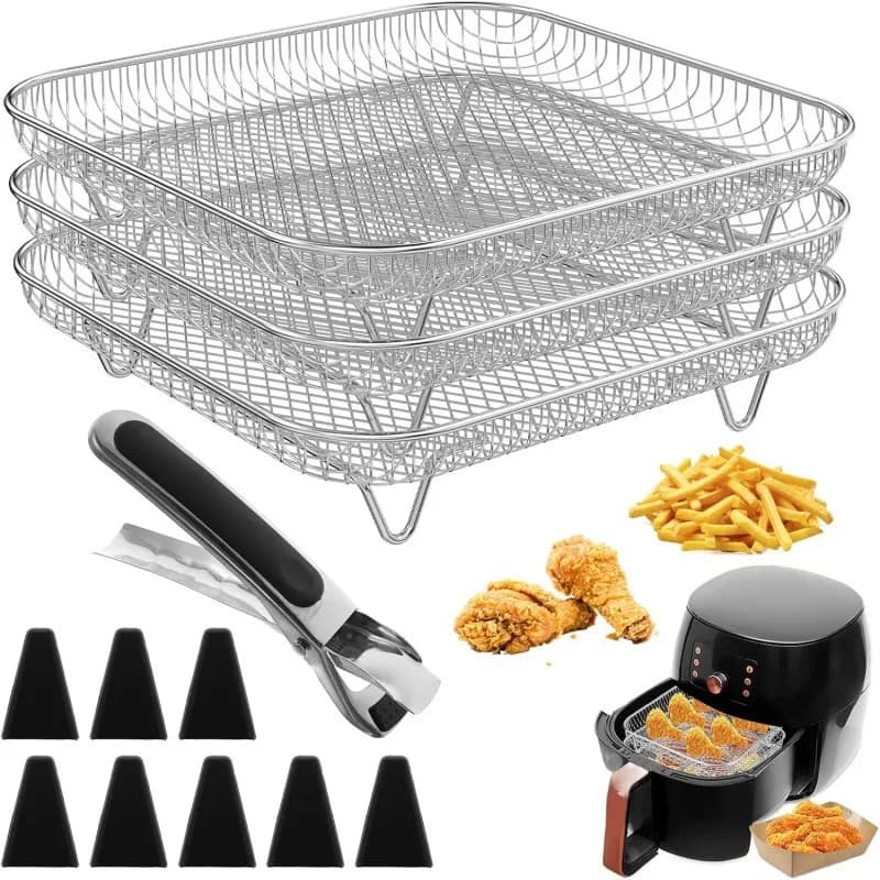adSet 3 Level Air Frying Rack with Heat Resistant Grips and 8 Silicone Feet, Baking Oven Grid, Grid, Roasting