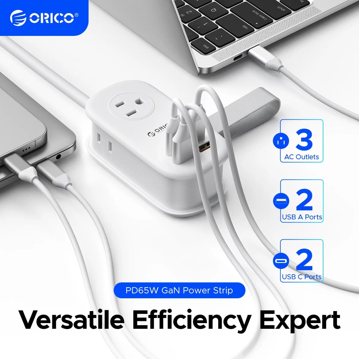 ORICO 7-in-1 Spina 65W GaN Multipresa 3AC 2USB-C 2USB-A Ricarica rapida 1,27M Cavo di prolunga per la ricarica del laptop/telefono/tablet