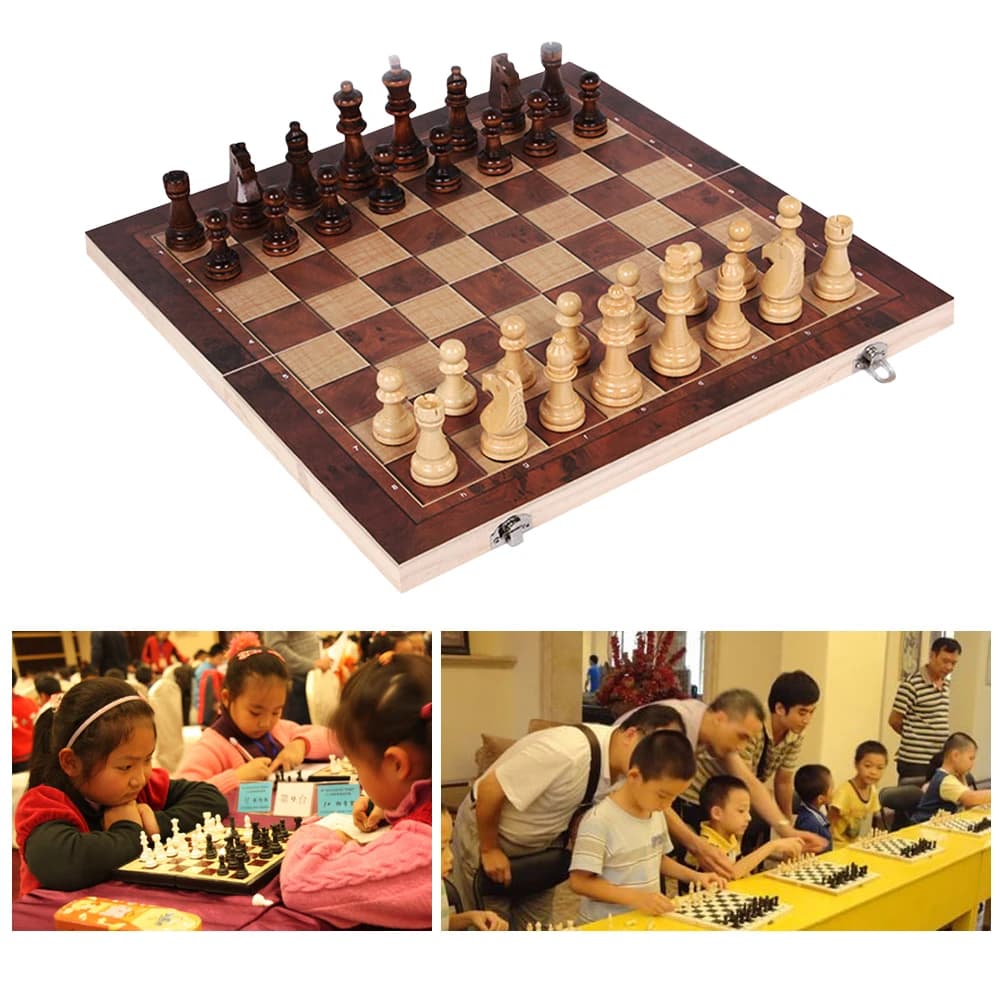 Gioco di scacchi 3 in 1 da tavolo pieghevole, set di scacchi e dama in legno, set di scacchi squisito per gioco da tavolo di scacchi