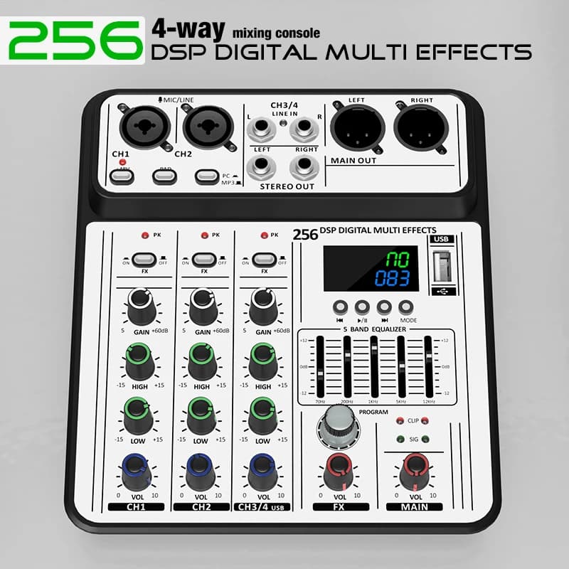 Mixer audio professionale a 4 canali 256DSP 48V Phantom Power USB Studio Karaoke Mixer console DJ Bluetooth