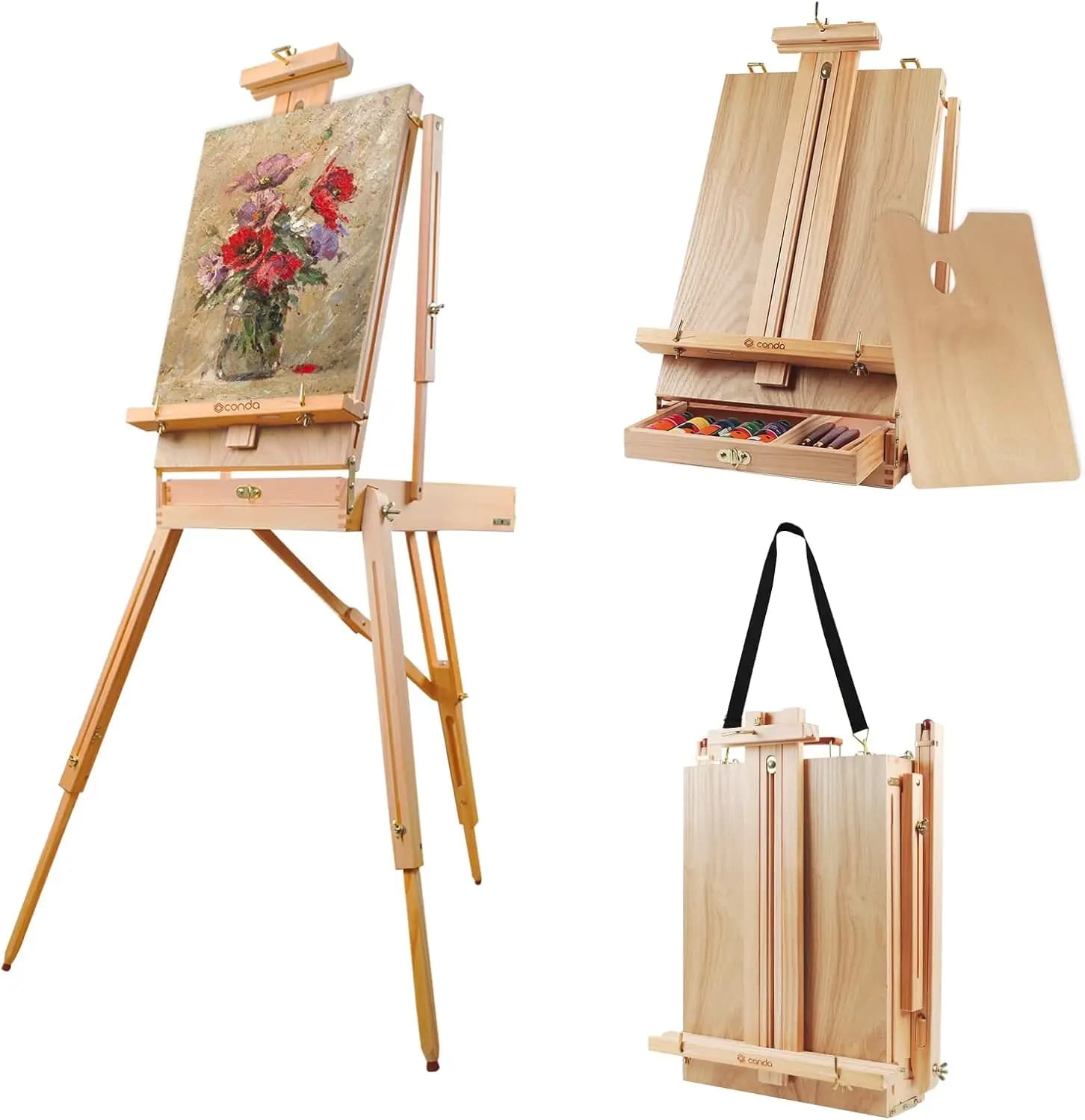 Grande Cavalletto Francese in Legno e Cassetta Porta Disegni, Treppiede Regolabile con Cassetto e Tavolozza per Artisti