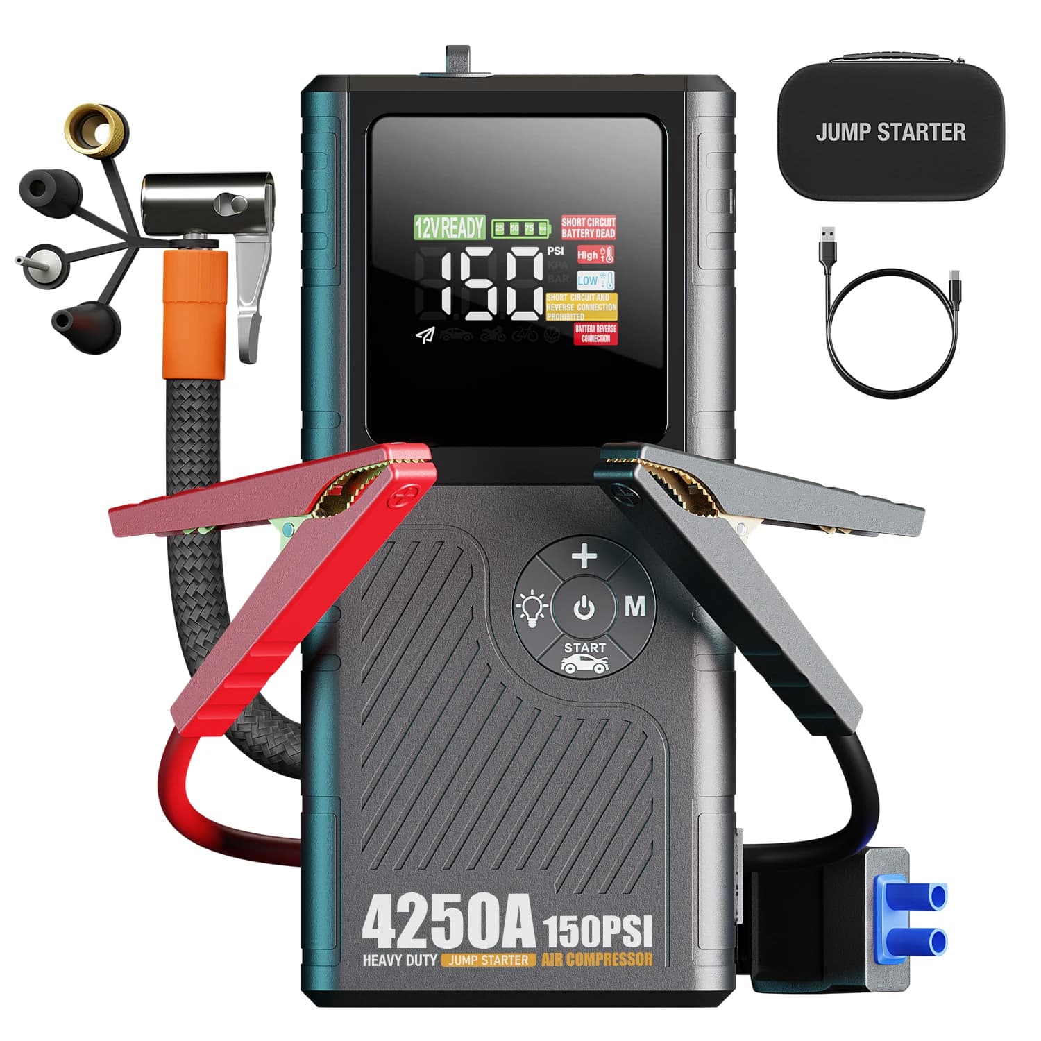 4250A 16000mAh Batteria per auto portatile multifunzionale Power Bank 12V Avviatore di emergenza con pompa ad aria 150PSI per gonfiatore di pneumatici per auto camion