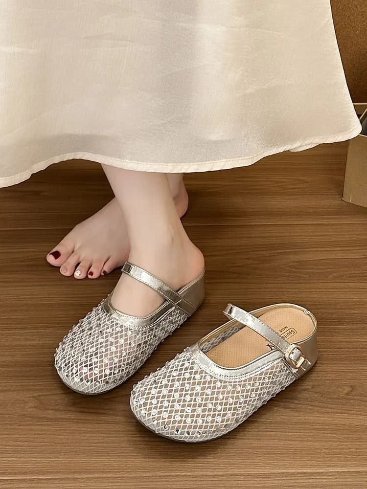 Women's Summer New Slip-On Sandals Breathable Mesh Inner Heightening Head Cover Diamond Net Shoes Soft Bottom Flat Sandals