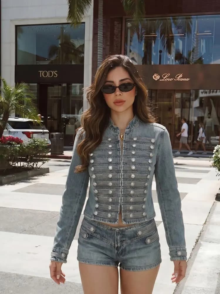 HH Giacca di jeans blu elegante e slim da donna, Collezione Primavera Autunno 2026, Giacca in denim a doppio petto a maniche lunghe, Stile Commuter