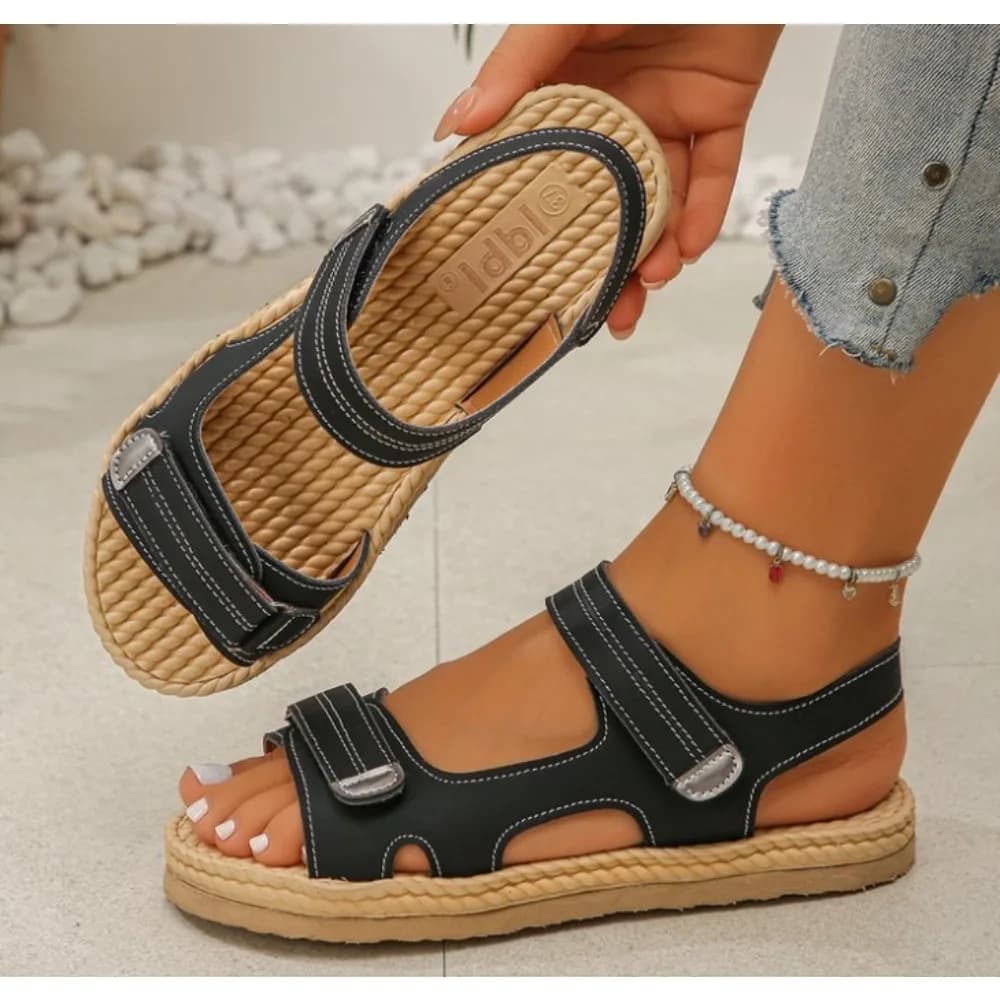 2026 Summer Ladies Flat Retro Sandals Fashion Rome Shoes Velcro Open-Toe Casual Beach Comfortable Sandals