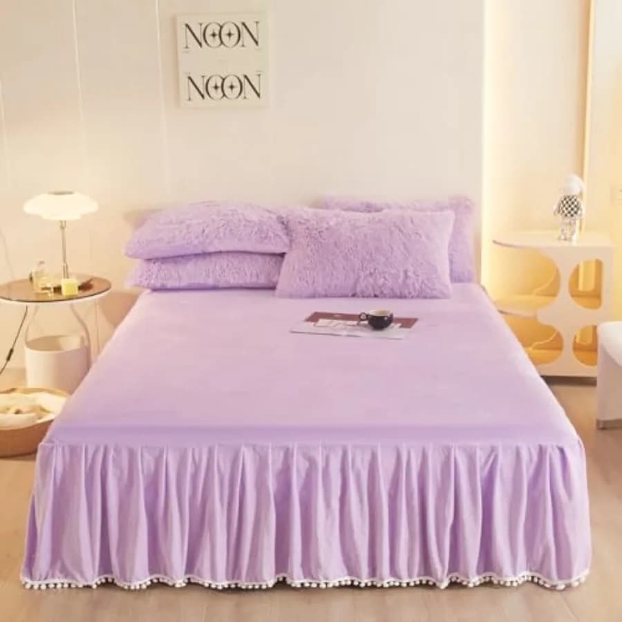 Gonna letto in velluto con pompon, con balza antipolvere da 22 pollici, morbida e accogliente, lenzuolo con angoli e gonna per letto