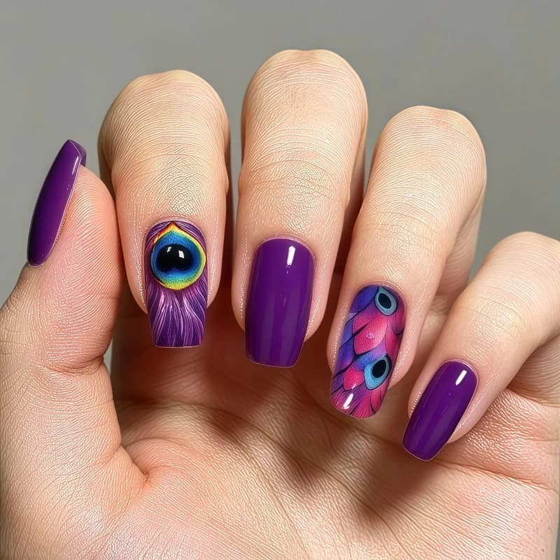 24PCS Boho Glossy Purple Peacock Feather Square Press On Nails Colorful Peacock Eye Exotic Pattern Reusable Fake Nail Art
