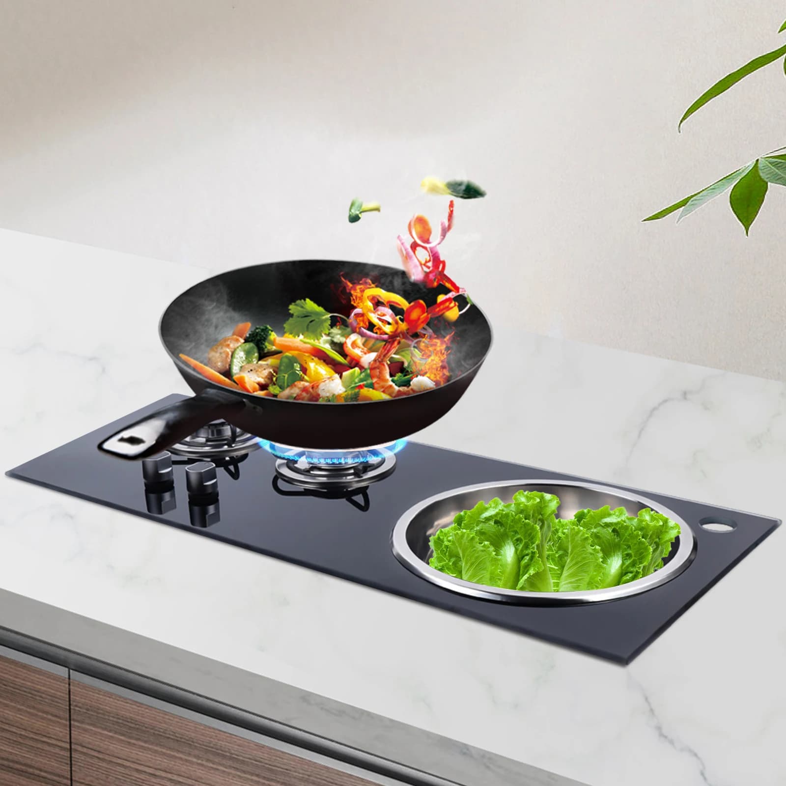 Gas cooker for 2-burner camper with sink Fire protection at 2 levels for campers Camping boats Outdoor kitchen