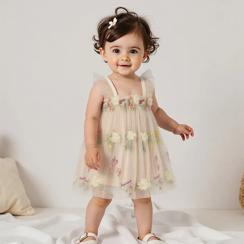 Abito da bambina in tulle ricamato floreale senza maniche con scollo quadrato con volant - Abito da festa da principessa per bambina