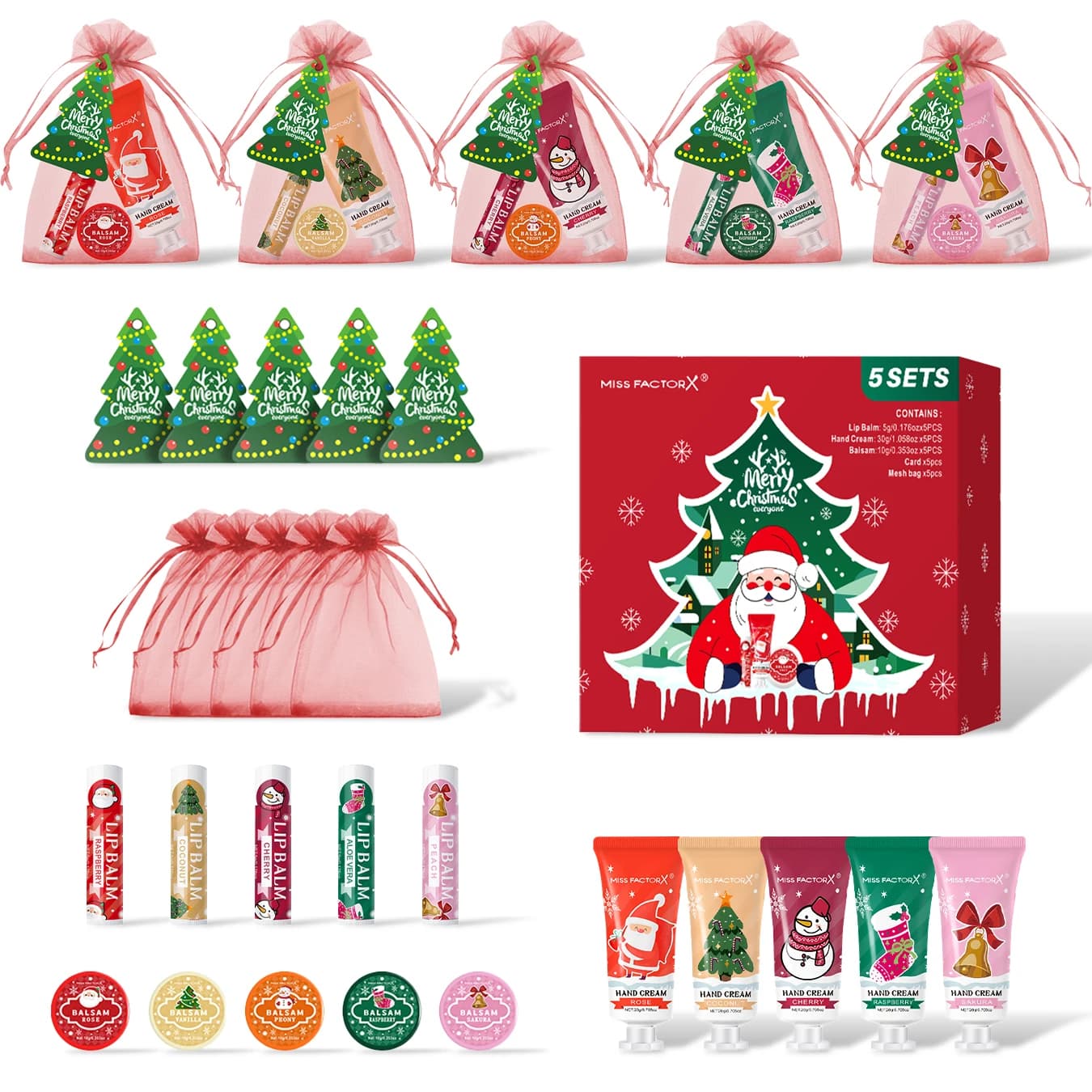 5 Pack Christmas Self Care Gift Set, Lip Balm Hand Cream Solid Perfume, Hydrating Skin Care
