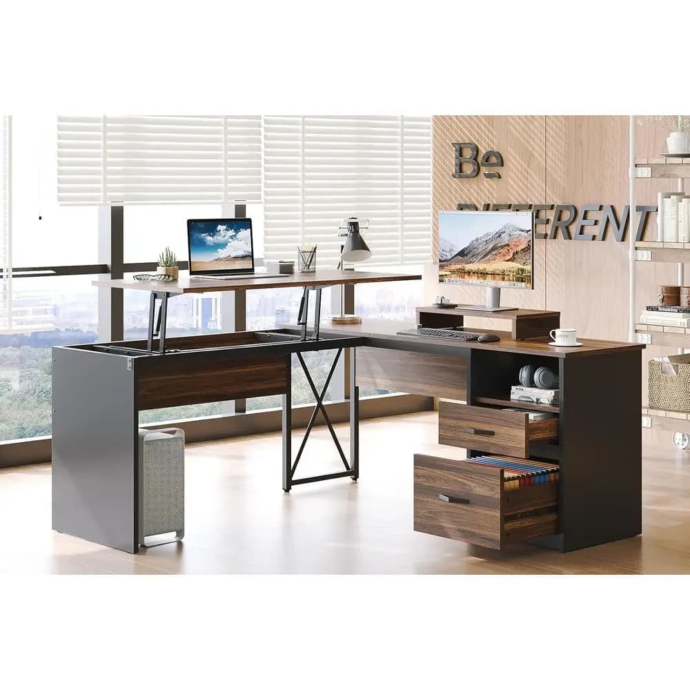L desk in Walnut 55 with Illuminated Plan, Reversible Document Holder and Home Office Monitor Support