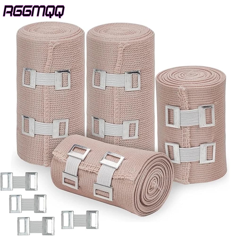 4 rotoli di bende elastiche a compressione con clip - Supporto sportivo per caviglia, polso, braccio e gamba - Rotolo di nastro sportivo per primo soccorso