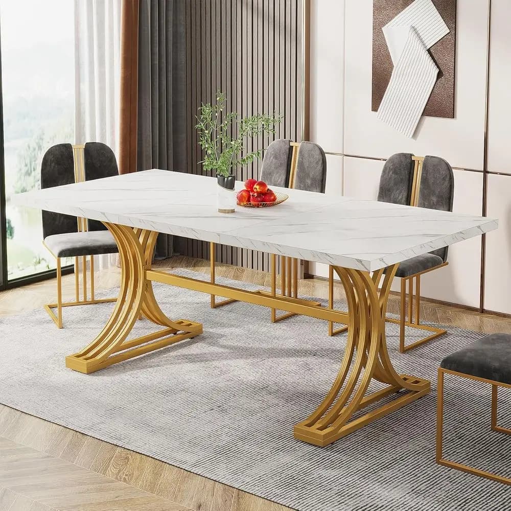 Elegante Tavolo da Pranzo in Marmo Bianco e Oro con Gambe in Metallo Chic per 4-6 Persone