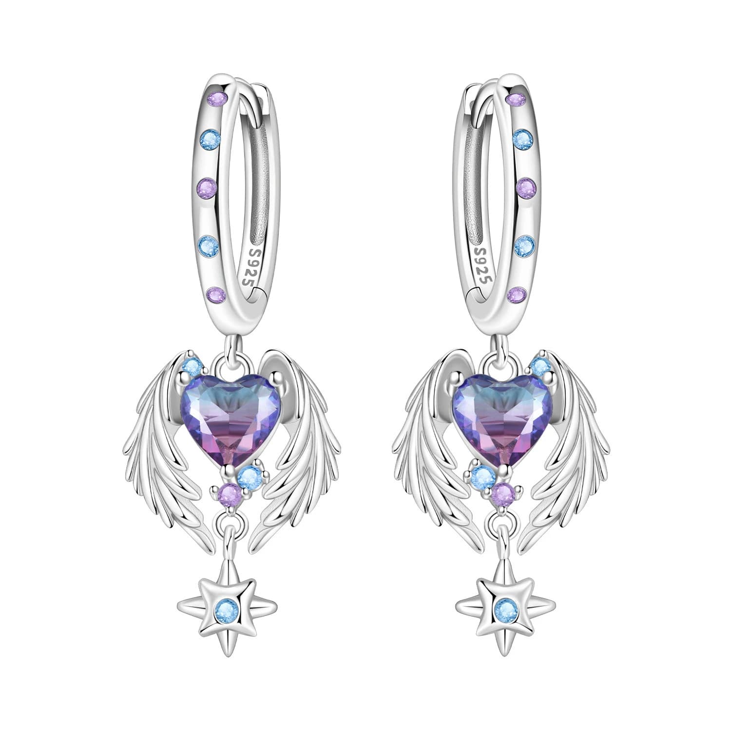 CYCUFF Orecchini a goccia in argento sterling 925 con ali d'amore viola sfumate, gioielli originali, regali per feste e anniversari