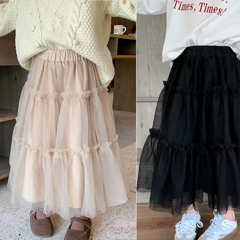 Gonne per ragazze primaverili Gonna grande versatile alla moda per bambini Gonne di garza con orlo Mezza gonna in rete soffice per ragazze medie e piccole