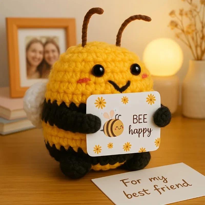Simpatico Peluche a Forma di Ape all'Uncinetto con Cartellino 'BEE Happy', Animale di Peluche Fatto a Mano, Regalo per Amici e Famiglia