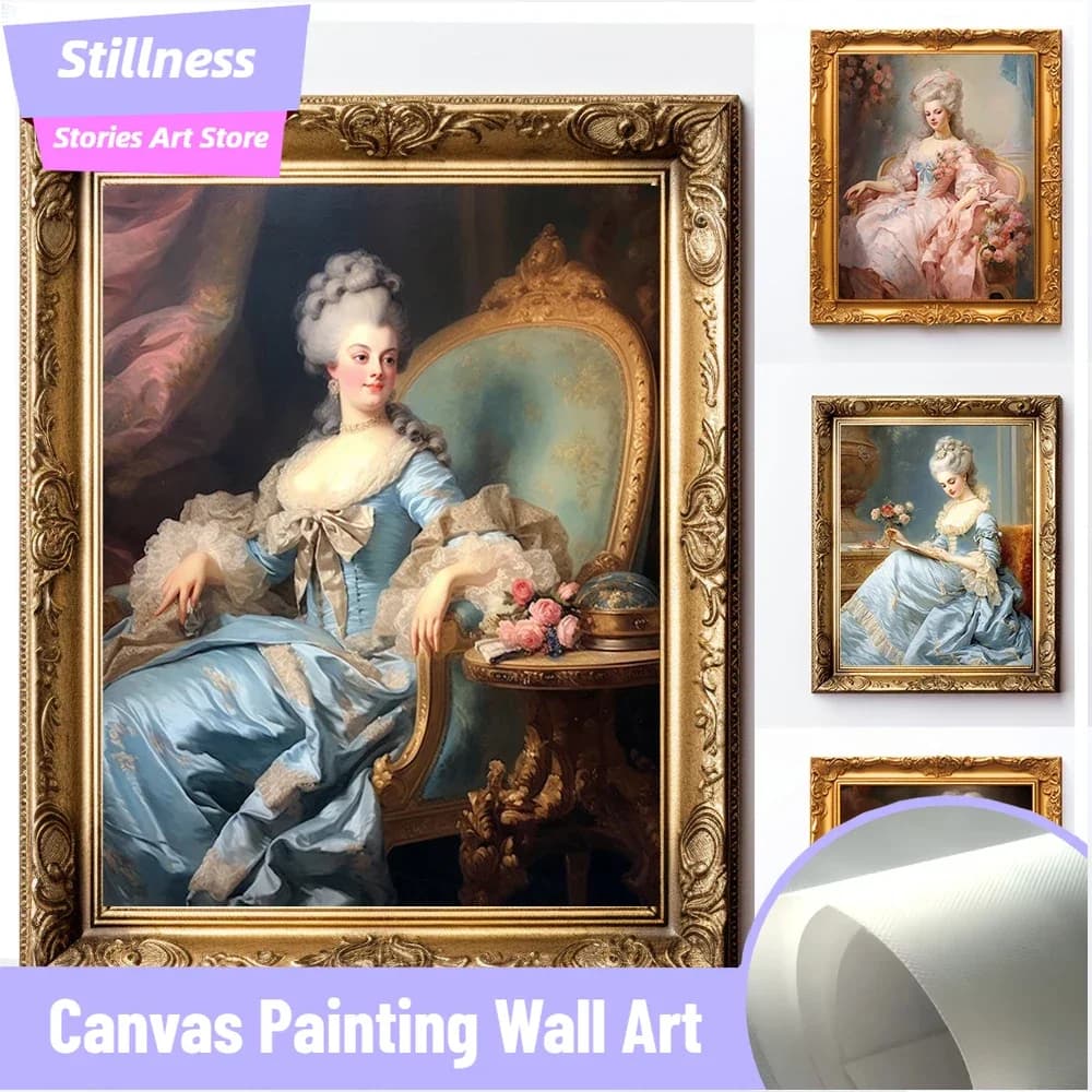 Frameless Stillness Stories frameless Rococo Lady in Sage Green Dress Art Print Vintage Baroque 18th Century Oil Painting Wall A