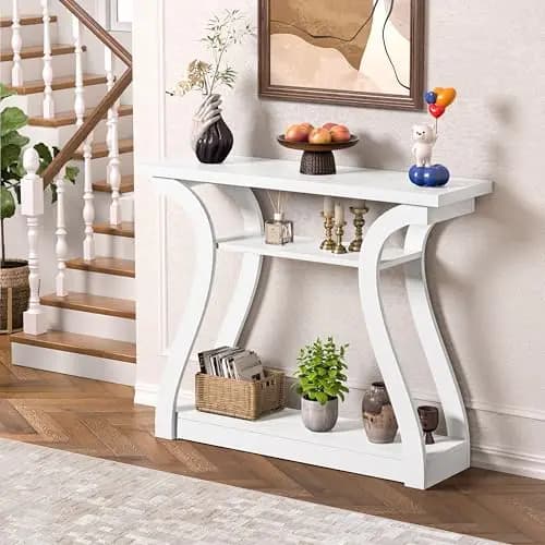 Consolle in legno con gambe curve e ripiano, tavolo moderno a 3 livelli per ingresso, soggiorno, corridoio, 47 pollici