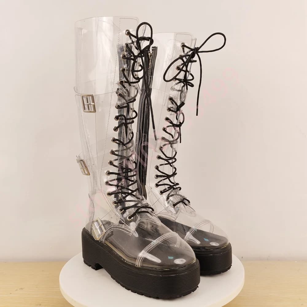 Thick Sole Clear Pvc Cross Strap Boots 2025 Summer Street Round Belt Buckle Sexy Ladies New Fashion Party Casual Zip Knight Boot