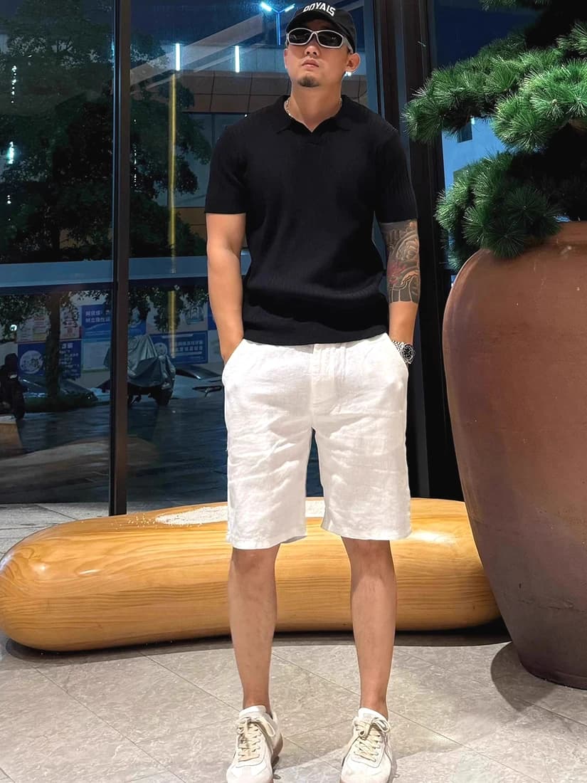 Pantaloncini Larghi in Cotone e Lino da Lavoro da Uomo con Cintura, Gamba Dritta, a Cinque Quarti, Stile Americano, per Esterni