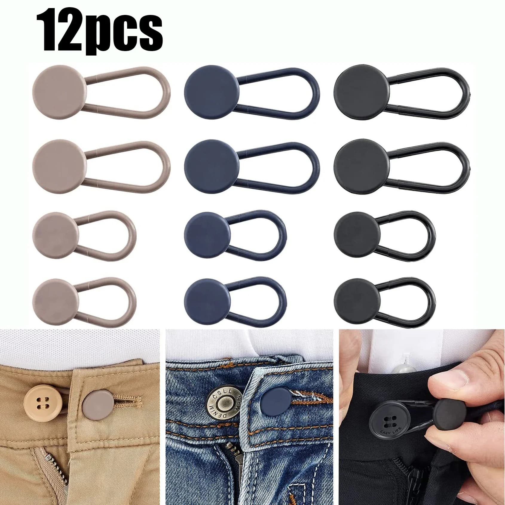 Stretchable buttons for 15mm/18mm Pants, 12 Pieces, Flexible extenders for Jeans and skirts, for Women and Men, Also for Pregnancy