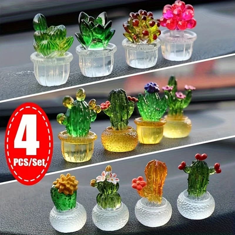 4 pezzi, set di figurine di cactus in miniatura, figurine succulente in resina, decorazioni di piante in vaso trasparente per cruscotto dell'auto, casa e