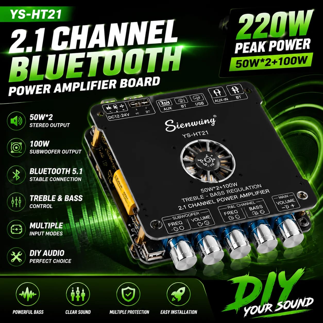 YS-HT21 Bluetooth 2.1CH Power Amplifier Module 50W*2+100W Subwoofer Bass Amp Board AUX Audio DIY Speaker Upgrade