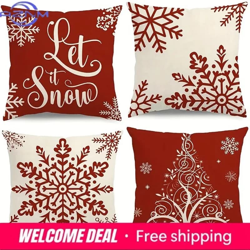 Federa decorativa natalizia con fiocchi di neve rossi, copricuscino per albero di Natale, decorazione per soggiorno, divano, casa.