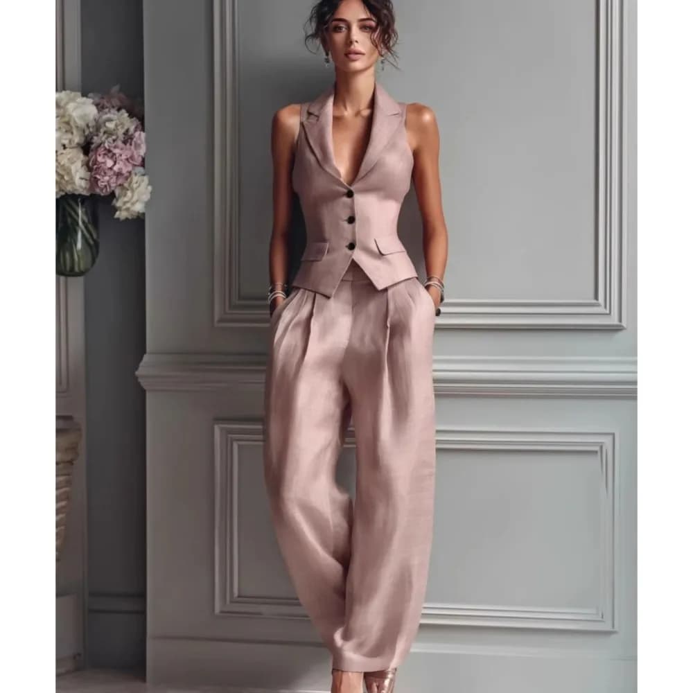 Completo Estivo Nuovo di Tendenza: Top Monopetto Senza Maniche + Pantaloni, Set 2 Pezzi da Donna 2026, Gilet Slim con Colletto e Pantaloni, Completo da Ufficio