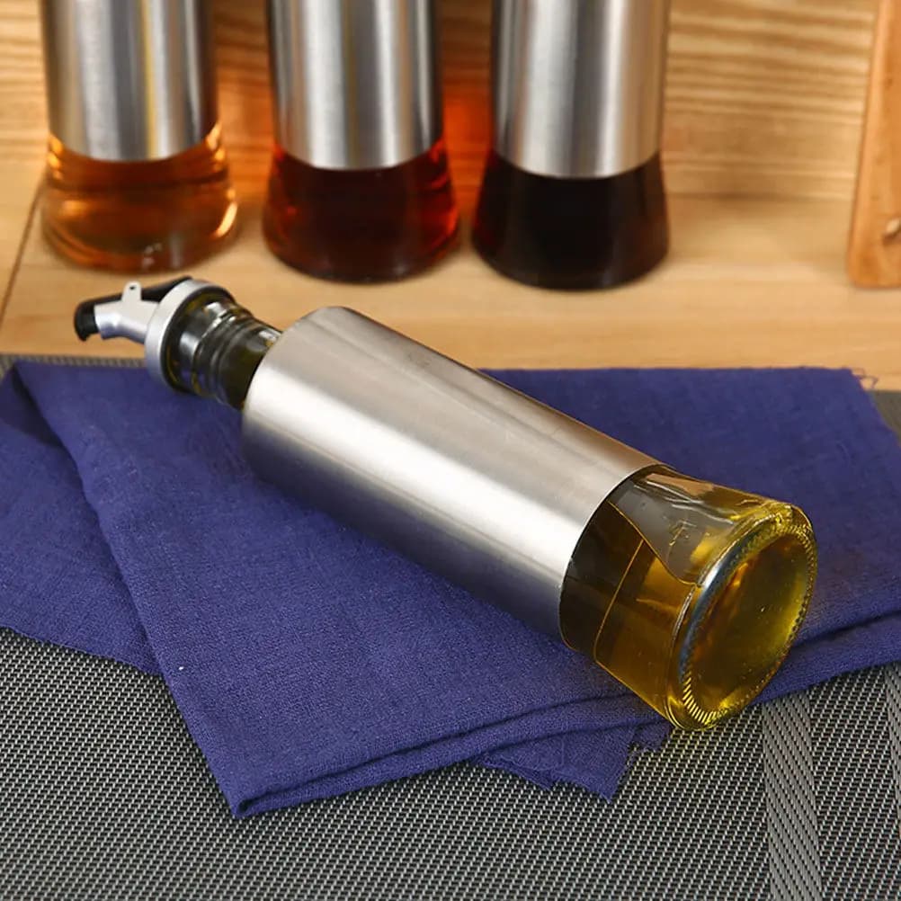 1Set Kitchen Oil Dispenser Set Stainless Steel Glass Condiment Bottle Leakproof Oil Container Vinegar Sauce Storage