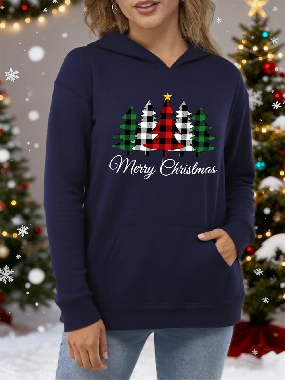 Merry Christmas Star Grid Tree Stampe Felpe con cappuccio da donna Tasca All-Match Abbigliamento sportivo Felpa con cappuccio da donna allentata in cotone Felpa con cappuccio unisex autunnale