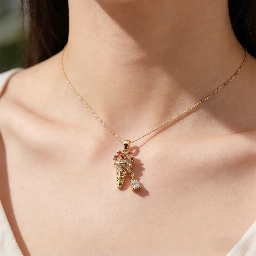 Gelato Shape Summer Necklace for Women, Delicate Red Pendant Sparkling with Zirconia, Sweet and Cute Choker Jewelry for Daily Use