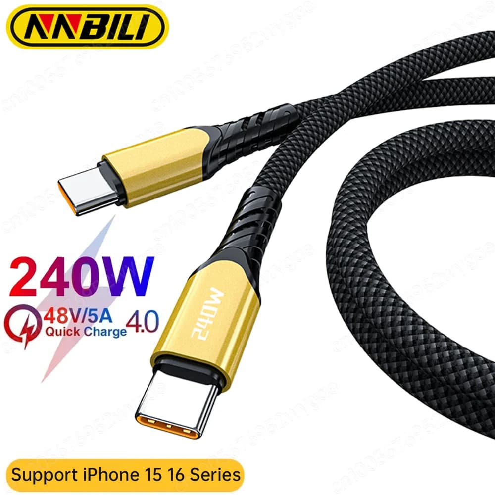 NNBILI Cavo USB C da 240 W Cavo di alimentazione QC4.0 per MacBook Samsung iPhone 15 16 Cavo USB C a C PD 48V5A Cavo di ricarica rapida di tipo C