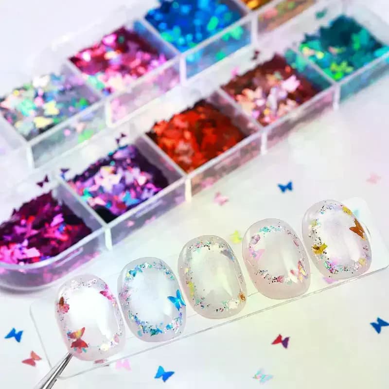 1 Set 3D Butterfly Nail Glitter Flakes Holographic Iridescent Sequins 12 Grids Nail Art Decor DIY Manicure Charms For Salon Home