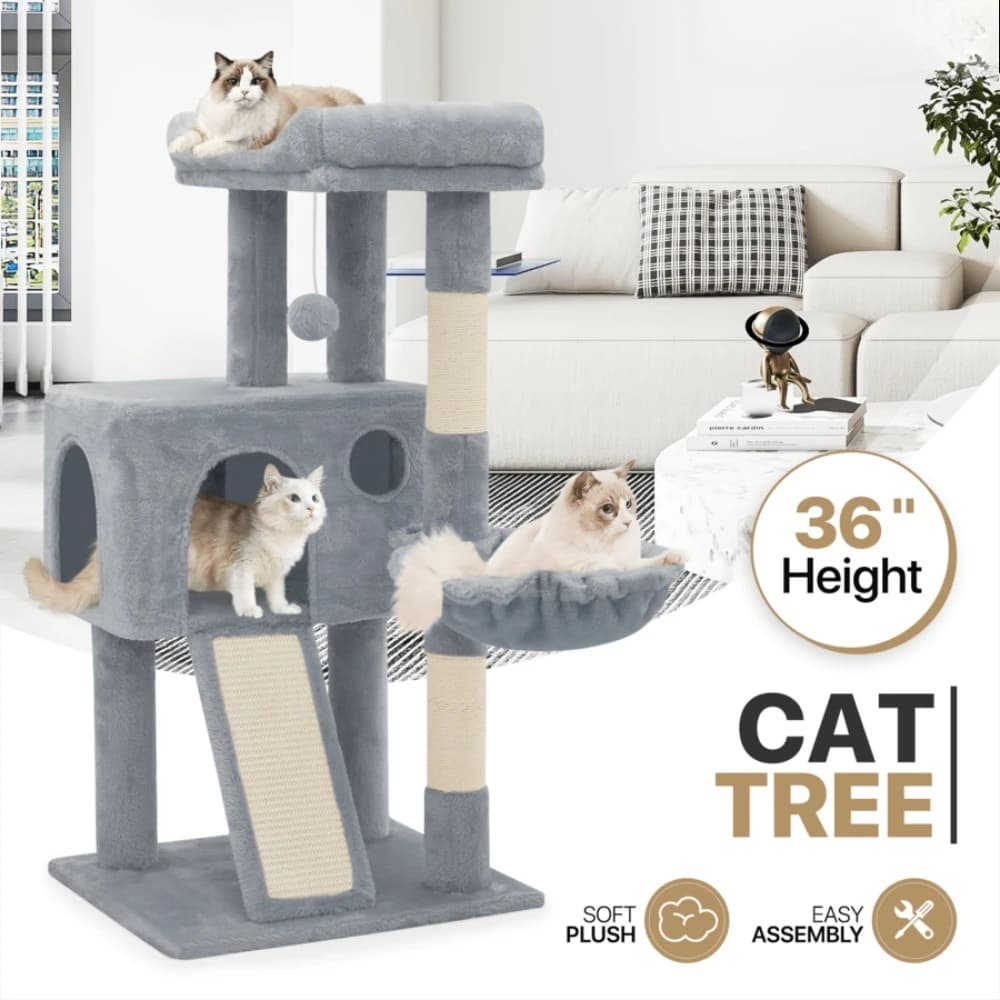 Torre per Gatti da 36 Pollici con Cuccia, Postazione per Tirare le Unghie e Tappetino in Sisal, Torre per Arrampicata per Gatti