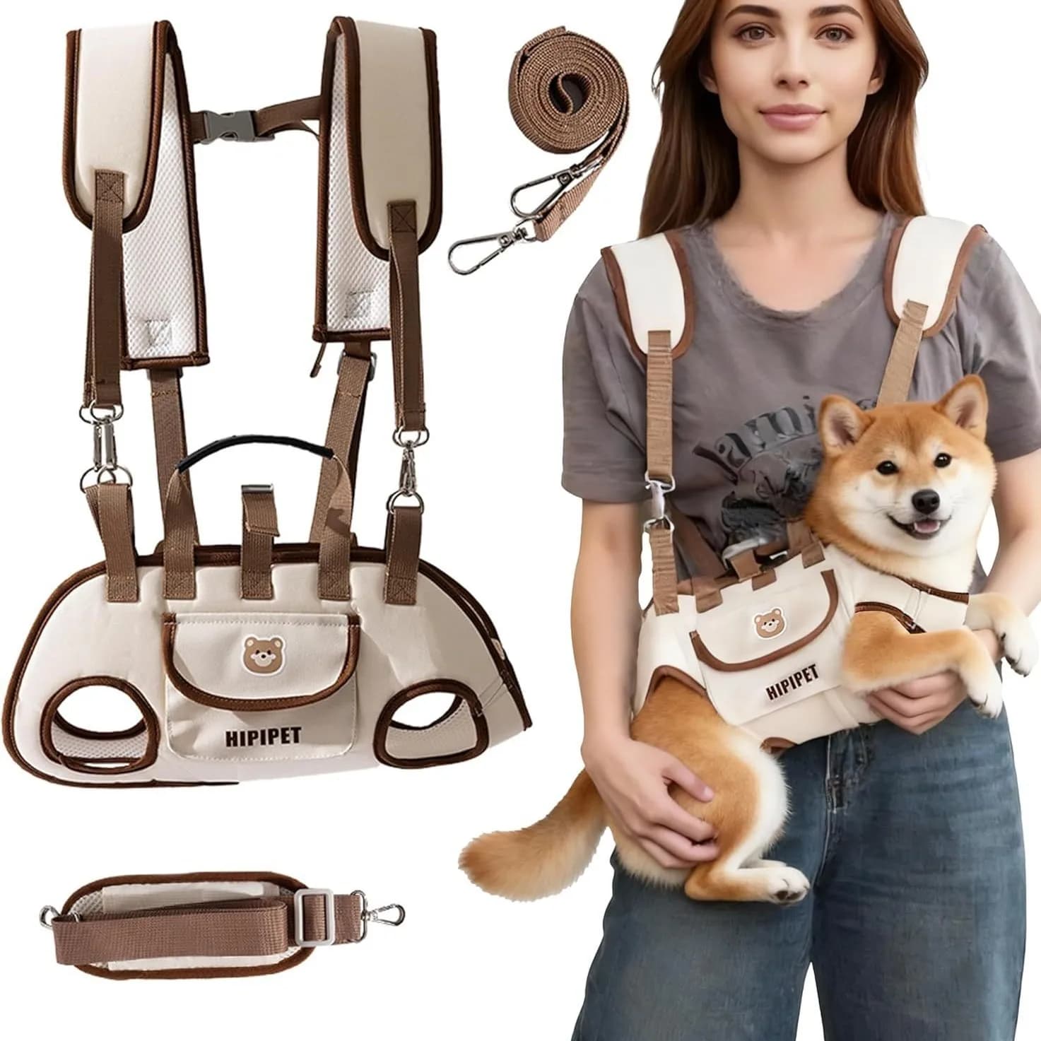 Pet outdoor backpack, double-shoulder handle, dog leash, portable, breathable, diagonal carrying strap