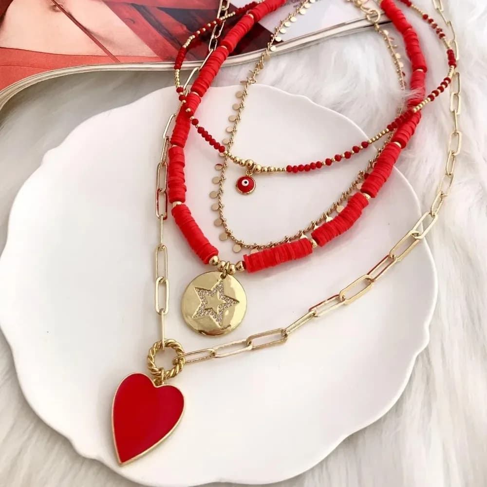 KKBEAD Zircone Stella Cuore Rosso Collana con ciondolo Girocollo per le donne Gioielli regalo Perline disco in argilla polimerica Collane malocchio Gioielli