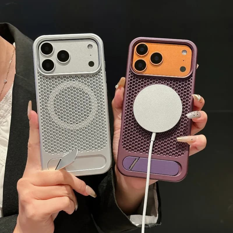 Premium Honeycomb Cooling Breathable For MagSafe Phone Case For iPhone 18 Pro Max 17 16 15 14 13 Wireless Charging Hidden Stand