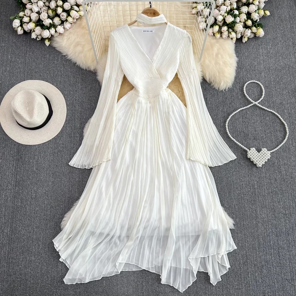 Elegant Chic halter v neck flare long Sleeve Midi Dress birthday Evening Party A-line Vestidos Women Fashion Spring Summer Robe