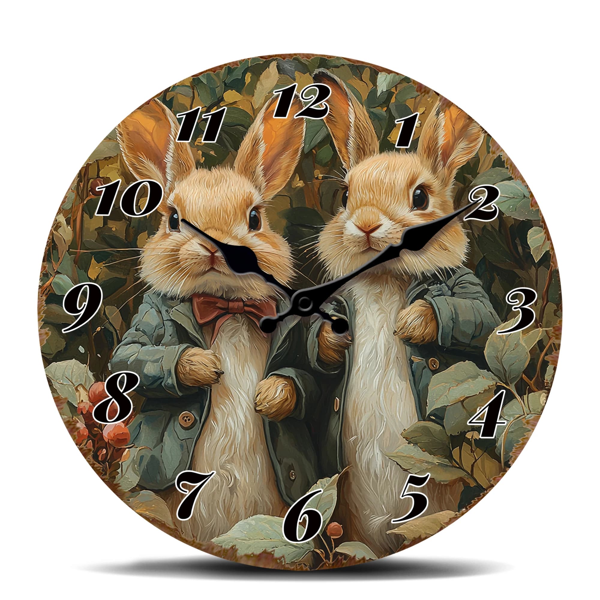 Wall Clock with Two Rabbits, Fantasy Animal Design, Round Watch, Pair of Rabbits Carini in Jackets with Papillon, Decorative watch