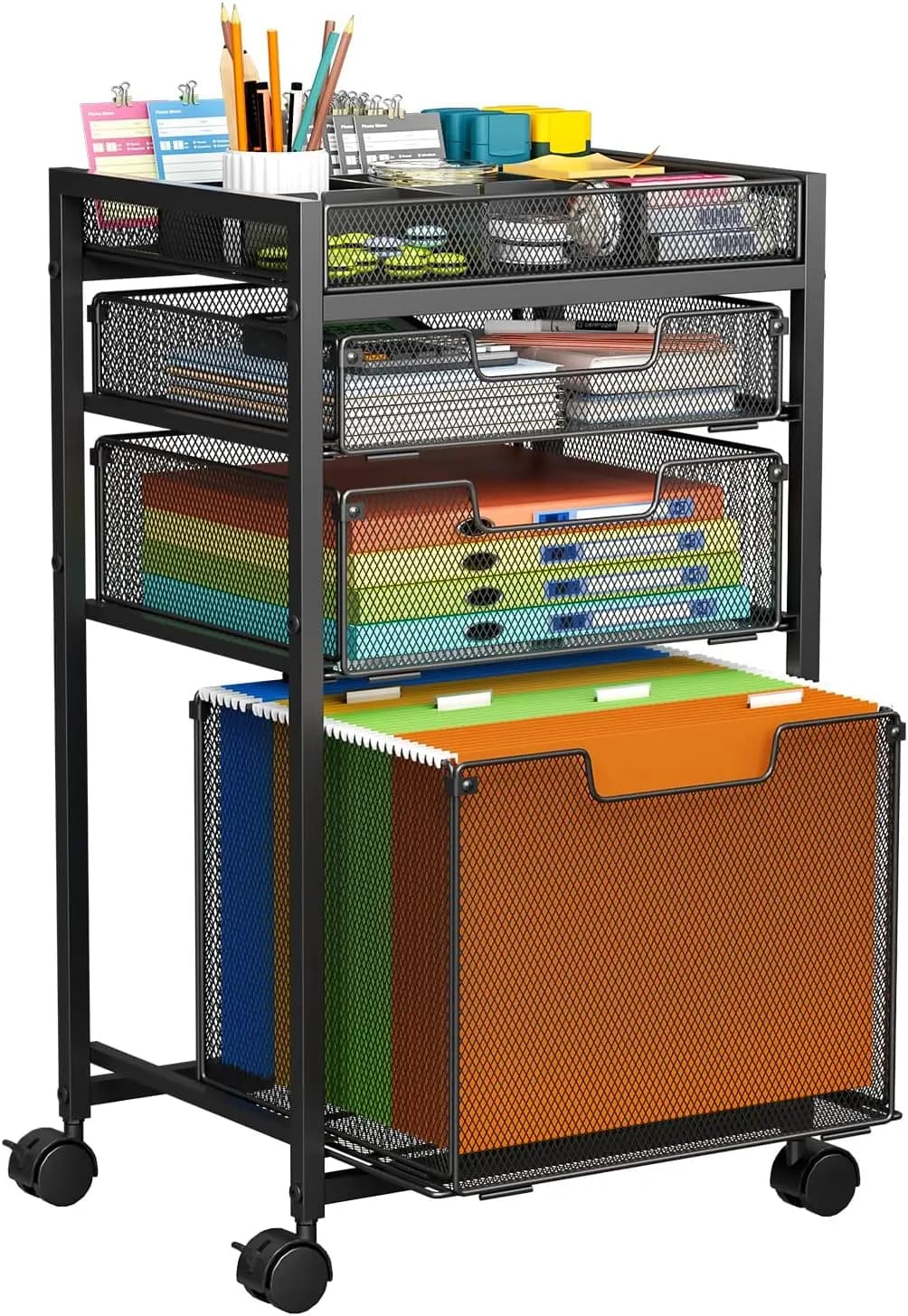 Carrello Portadocumenti con 3 Cassetti, Armadietto Sotto Scrivania, Organizzatore Sospeso su Ruote per Formato A4/Letter, per Casa e Ufficio