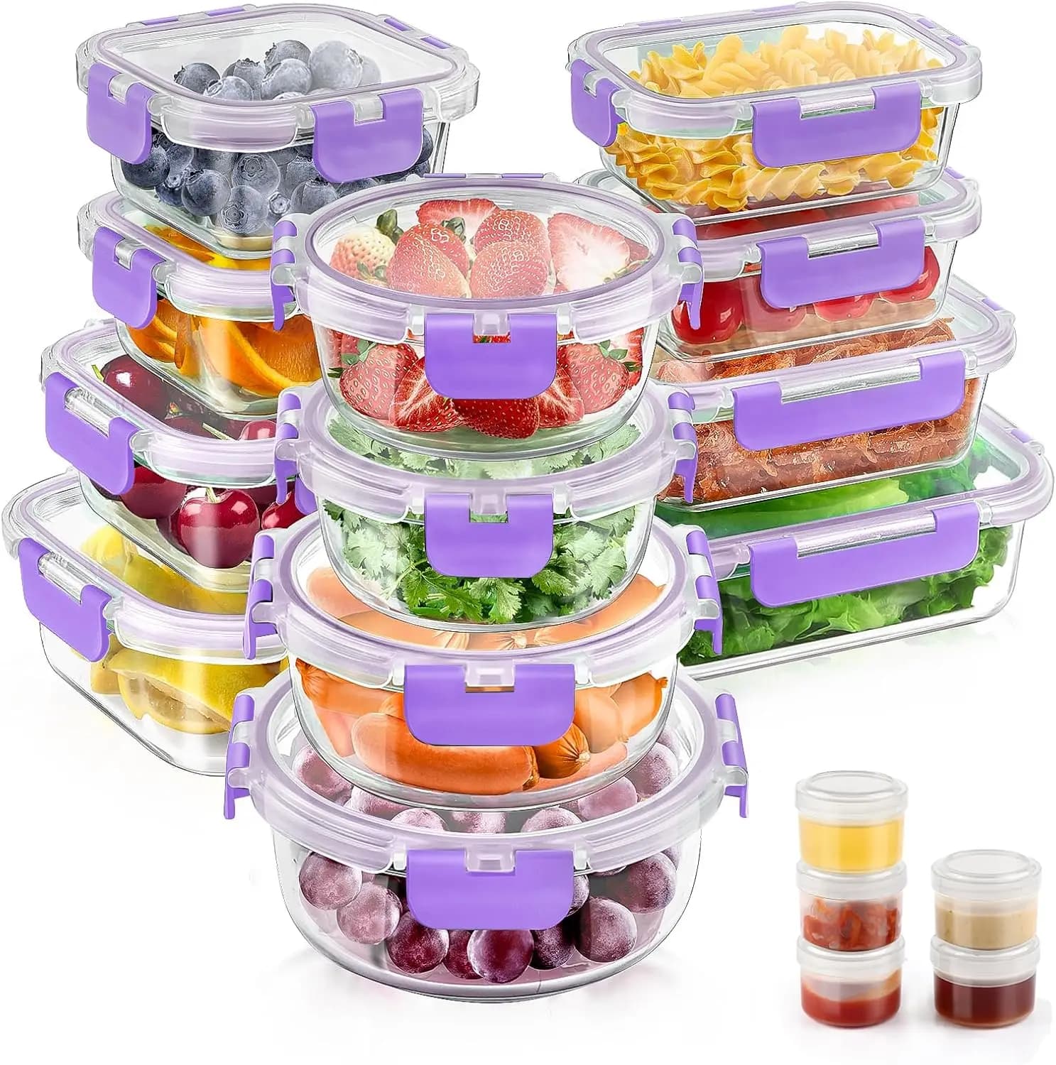 Set of 34 Glass Containers for Foods with Covers, Airtight Glass Containers for Pasti Preparation (17 Containers and 17 Covers), Perdit Test