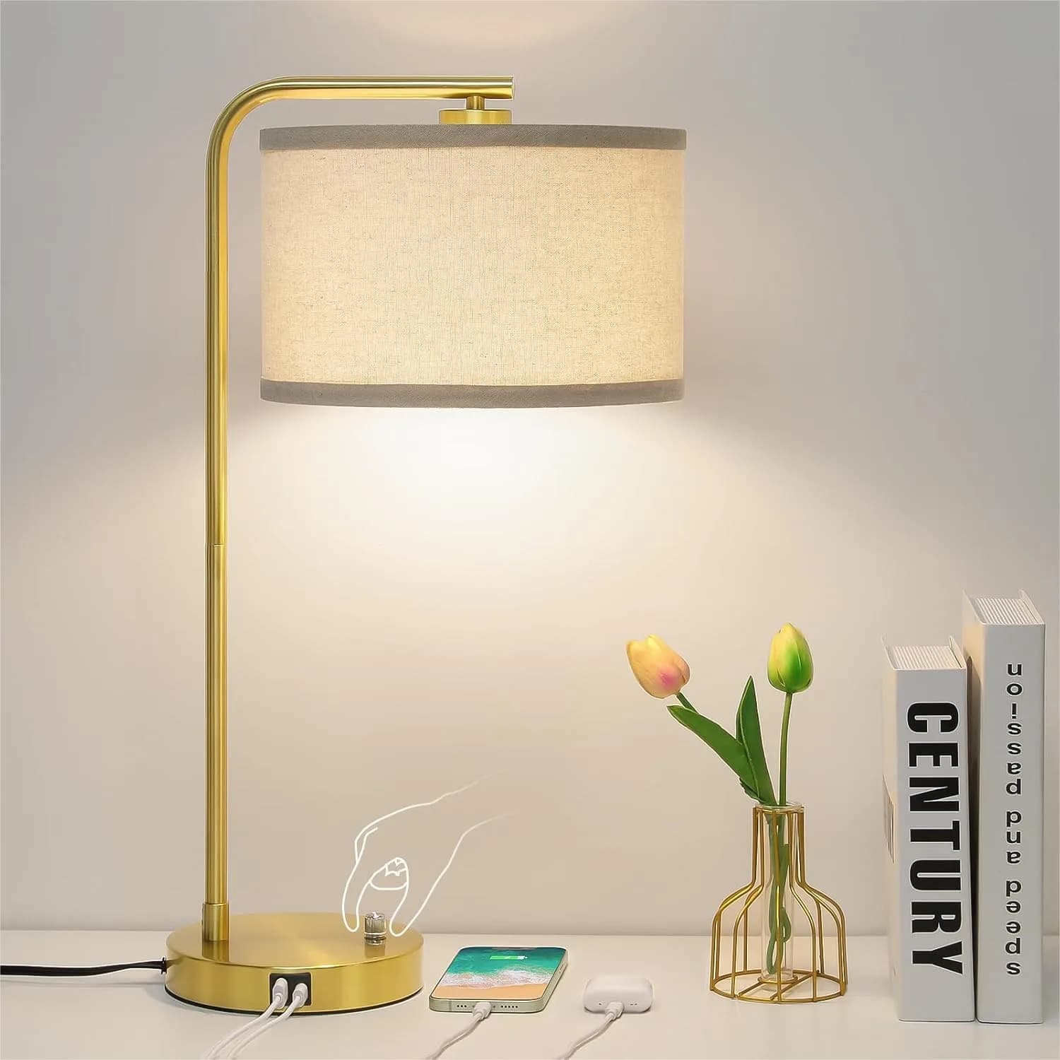 Lampada da Comodino Completamente Dimmerabile con Porte USB C+A, Moderna Lampada da Lettura da Scrivania con Paralume a Tamburo Beige, Lampada da Tavolo Alta per
