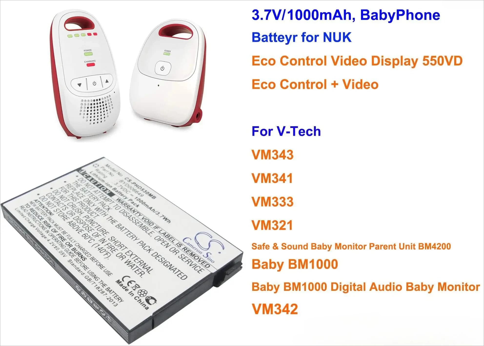 Batteria Cameron Sino da 1000 mAh BT298555 per V-Tech Baby BM1000, Baby Monitor sicuro e sonoro Pare, VM321, VM333, VM341, VM343, VM342