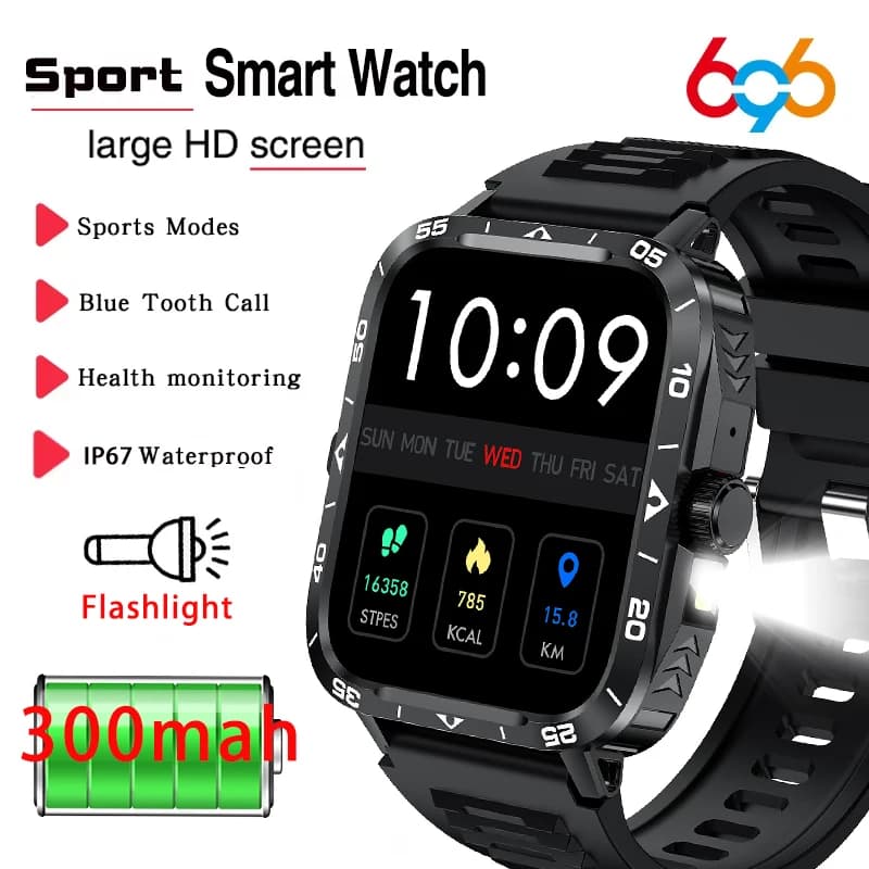 New 1.95" HD screen for man outdoor sports call blue tooth smart LED flashlight Smartband waterproof health music Smartwatch